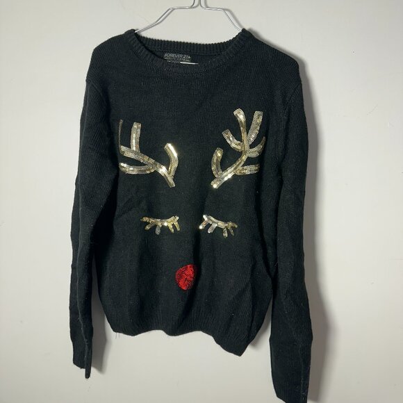 EUC Juniors Womens Forever 21+ Plus Size XL Black Reindeer Christmas Sweater - Picture 1 of 3
